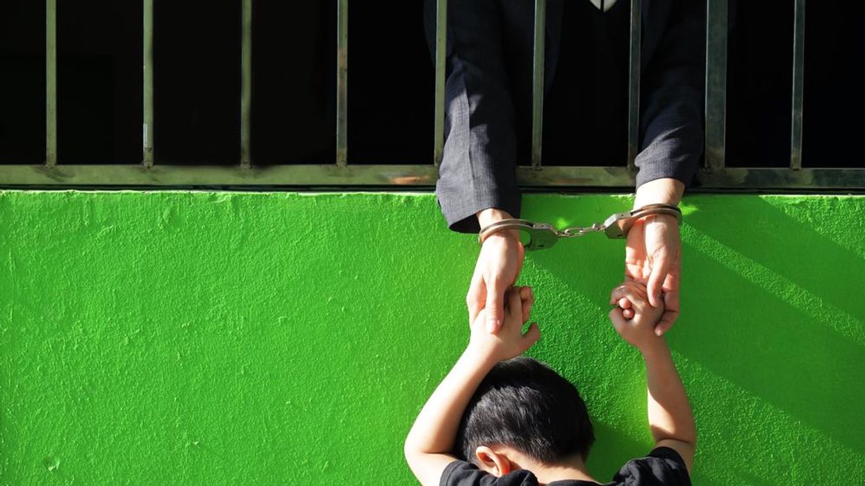A child holding hands with a parent through bars
