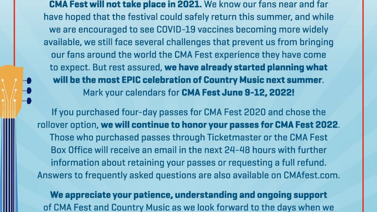 2021 CMA Fest Canceled for the Second Year in a Row