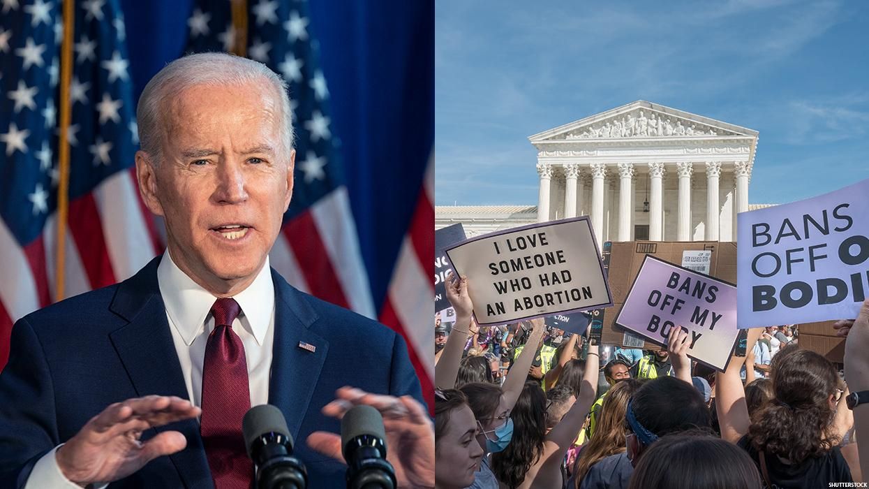 President Joe Biden speaking at a podium / Women gather outside to protest for abortion rights.